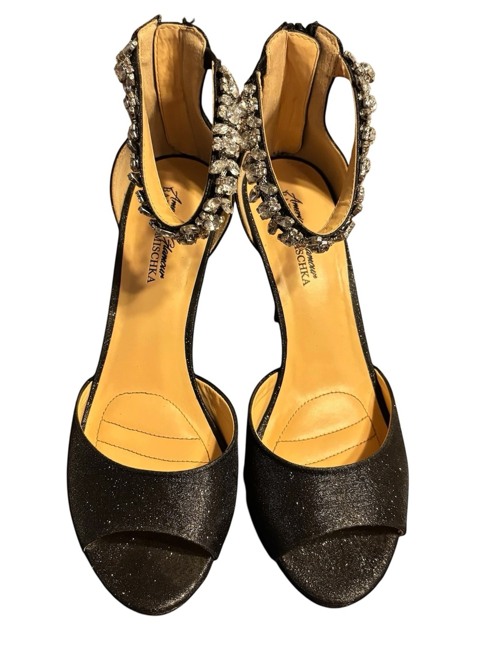 Badgley Mischka Rhinestones Black Satin Crystal Ankle Strap Stiletto Heels Sz 9